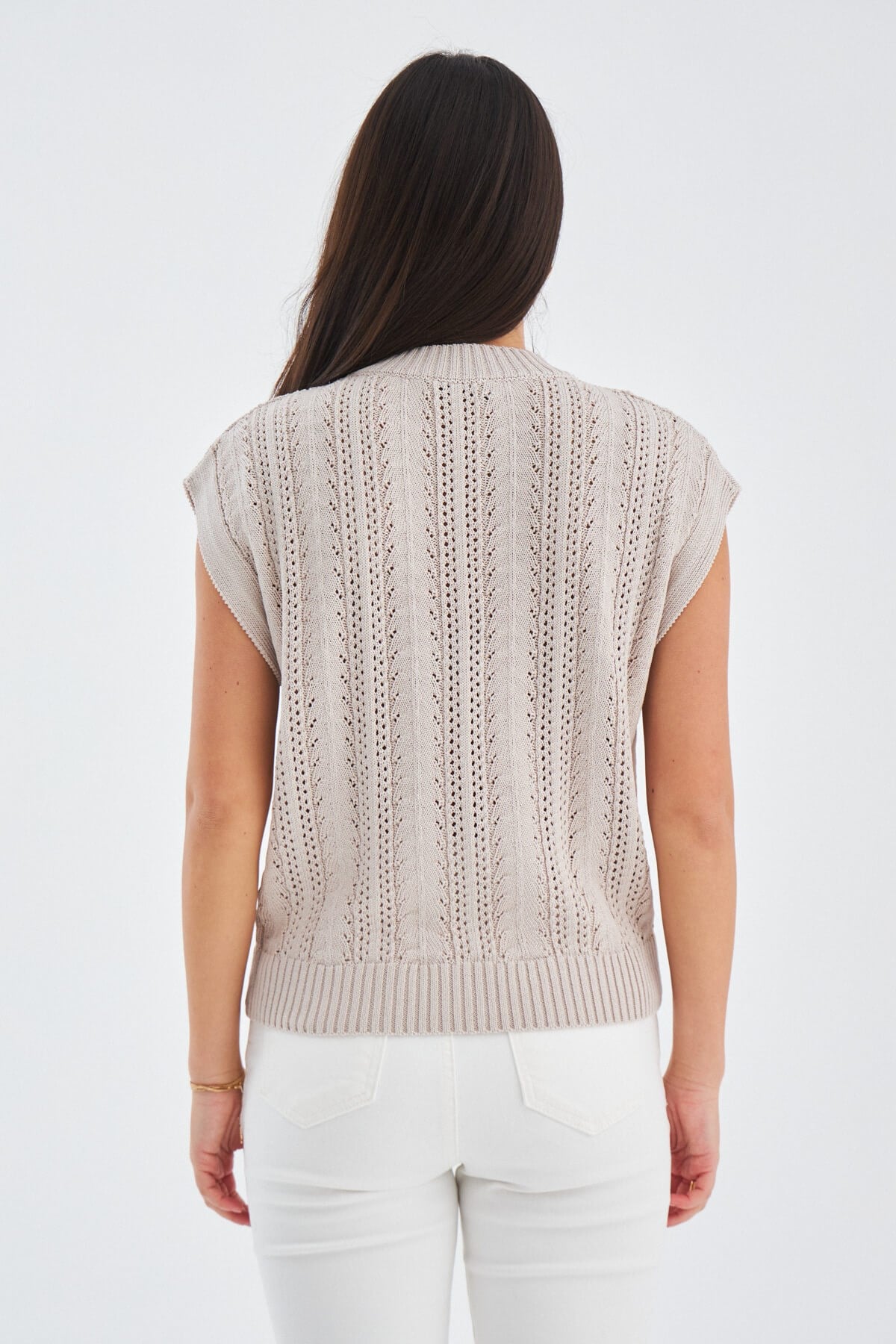 Peraluna SiMa Blouse Ajur Detaylı Düşük Kollu Yazlık Kadın Triko Bluz - Bej