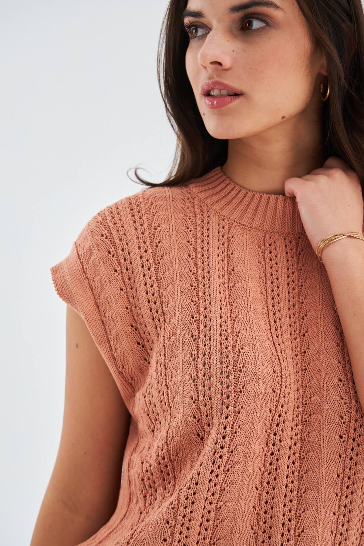 Peraluna SiMa Blouse Ajur Detaylı Düşük Kollu Yazlık Kadın Triko Bluz - Somon
