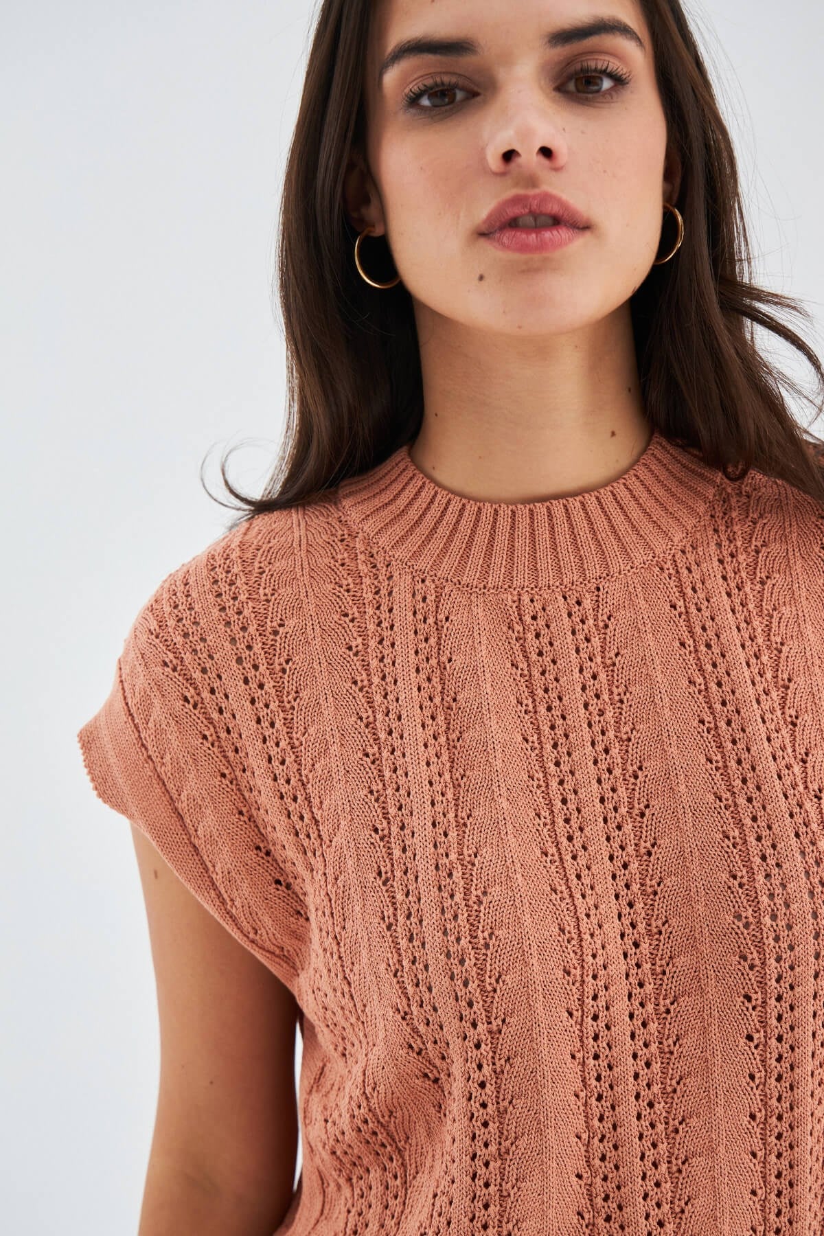 Peraluna SiMa Blouse Ajur Detaylı Düşük Kollu Yazlık Kadın Triko Bluz - Somon