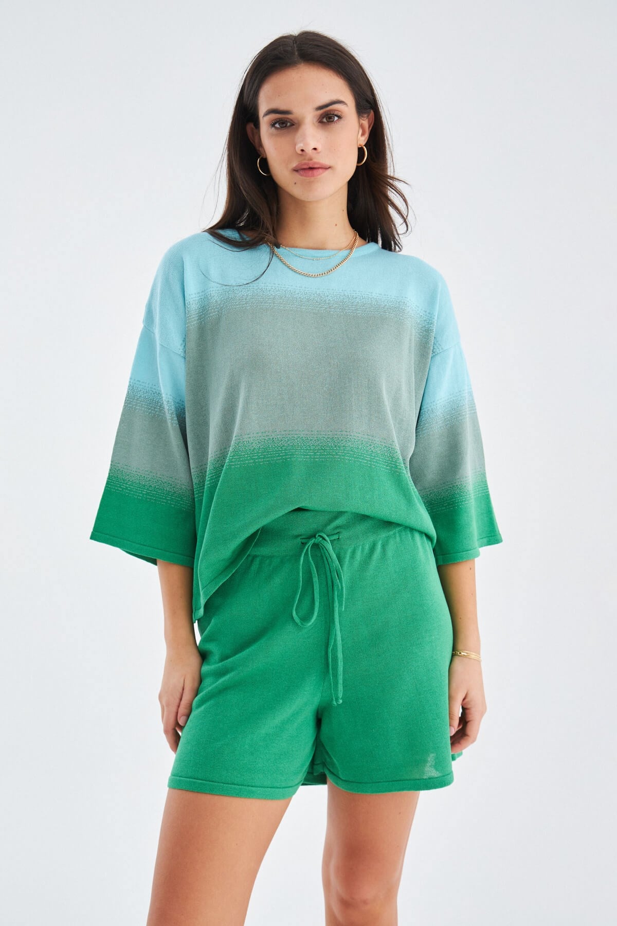 Peraluna SiRi Blouse & Shorts Yazlık Triko Kadın Şort Takım - Nil Yeşili