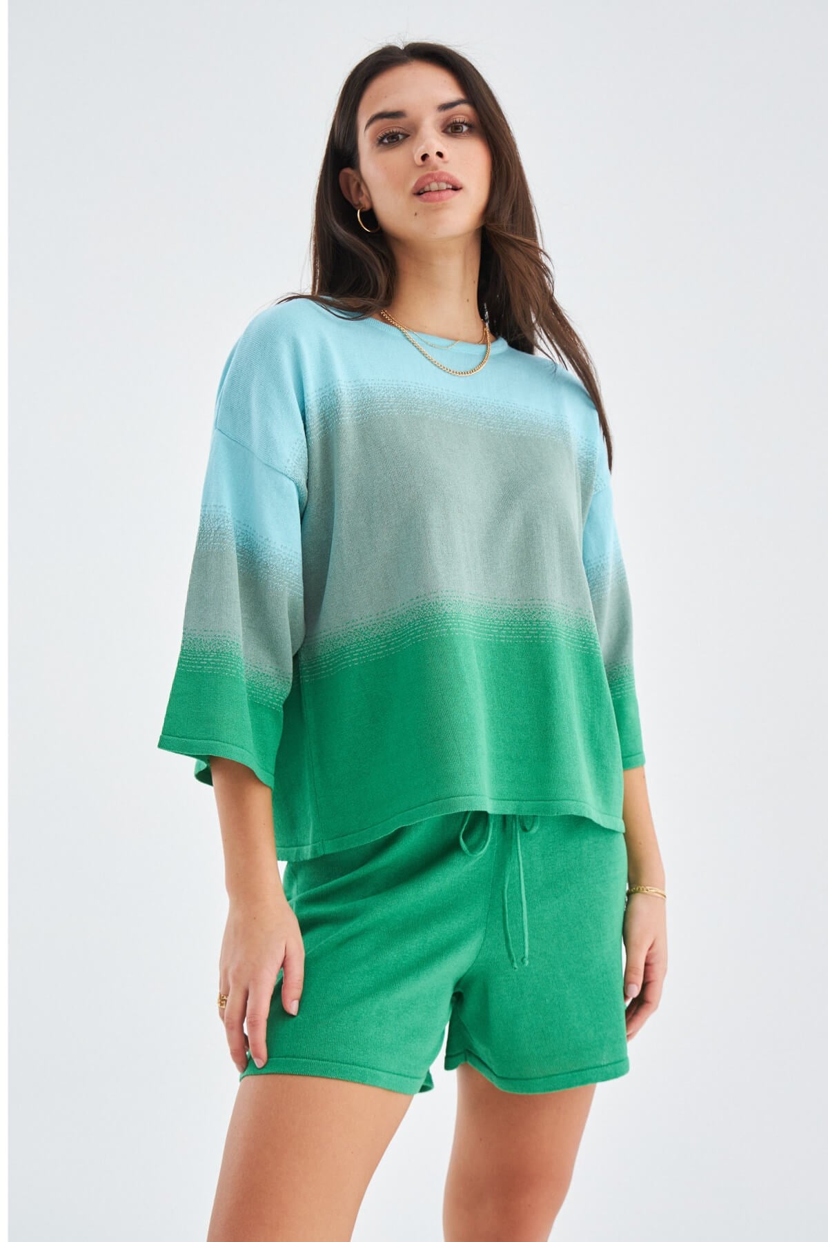 Peraluna SiRi Blouse & Shorts Yazlık Triko Kadın Şort Takım - Nil Yeşili