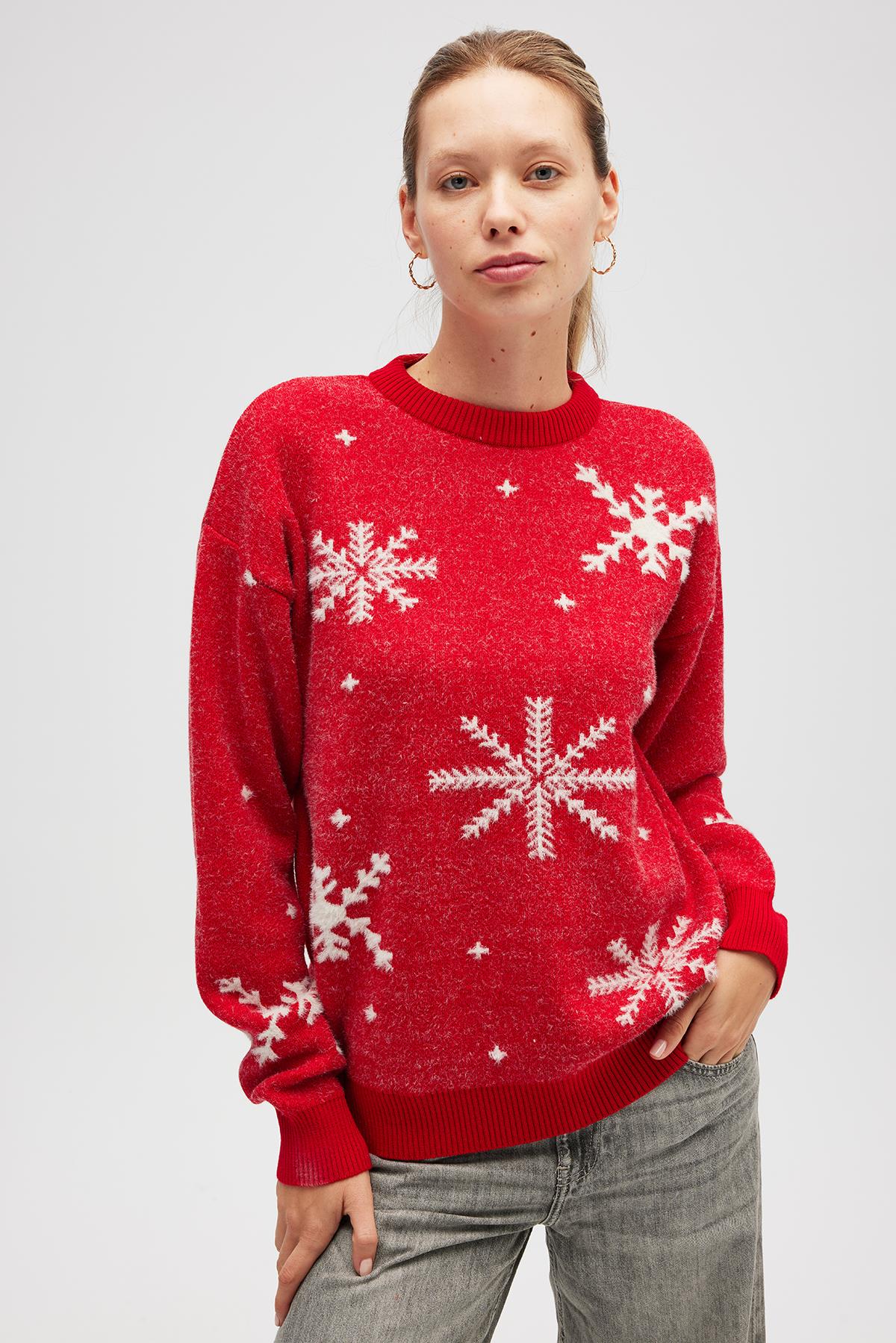 Peraluna-Snowflake Kartanesi Desenli Unisex Yılbaşı Kazağı Kırmızı-Kazak-2-Milagron.com