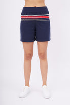 Peraluna-Sofia Short Çizgili Beli Lastikli Standart Kesim Kadın Triko Şort Lacivert-Şort-2-Milagron.com