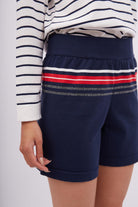Peraluna-Sofia Short Çizgili Beli Lastikli Standart Kesim Kadın Triko Şort Lacivert-Şort-3-Milagron.com