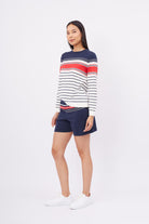 Peraluna-Sofia Short Çizgili Beli Lastikli Standart Kesim Kadın Triko Şort Lacivert-Şort-6-Milagron.com