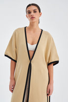 Peraluna Soho Kısa Kollu %100 Pamuk Kadın Triko Kimono - Bej/Siyah