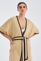 Peraluna Soho Kısa Kollu %100 Pamuk Kadın Triko Kimono - Bej/Siyah
