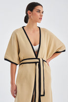 Peraluna Soho Kısa Kollu %100 Pamuk Kadın Triko Kimono - Bej/Siyah