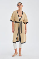 Peraluna Soho Kısa Kollu %100 Pamuk Kadın Triko Kimono - Bej/Siyah
