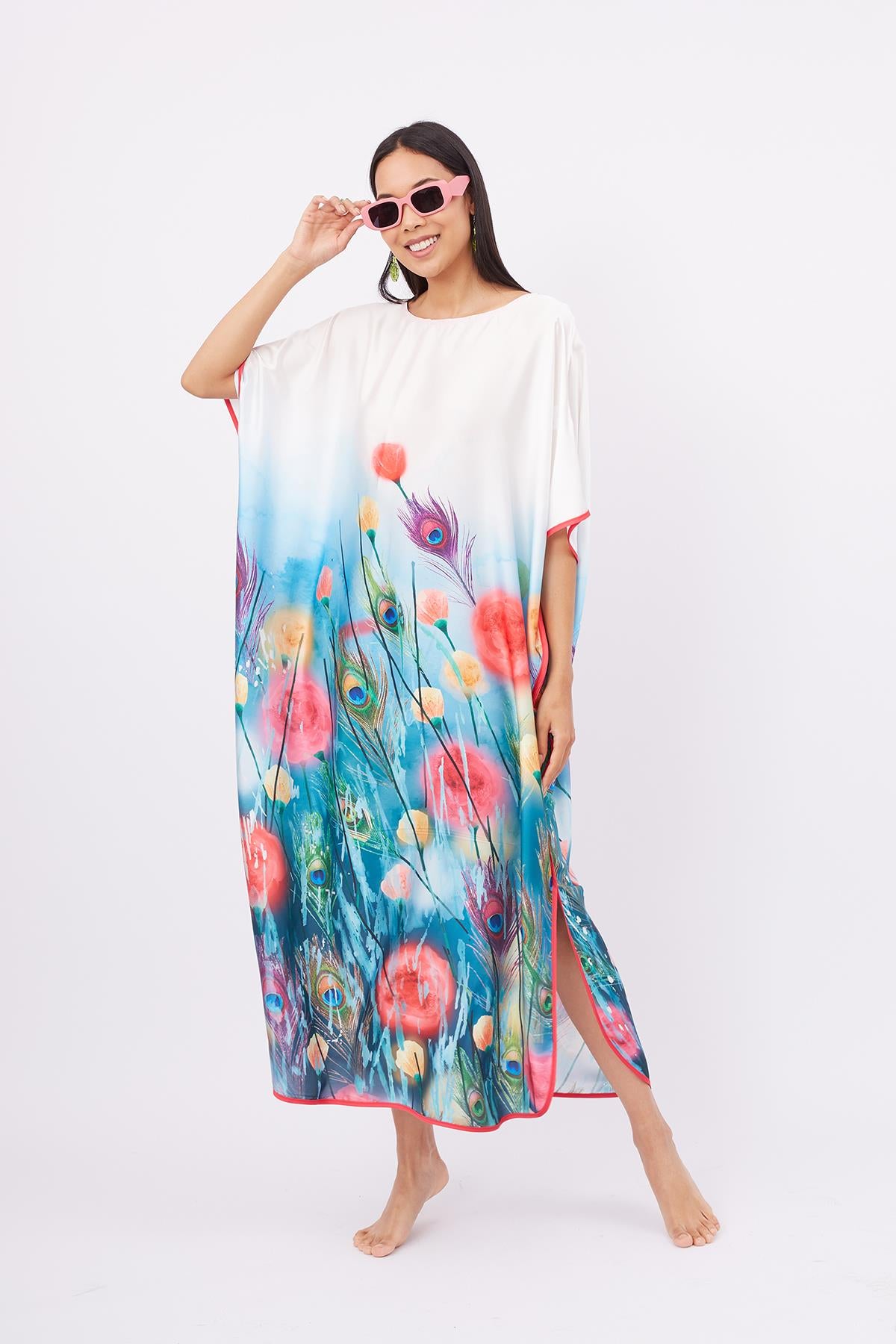 Peraluna-Springfield Long Dress çiçek Baskılı Kısa Kollu 125 Cm Uzun Saten Kadın Elbise-Elbise-6-Milagron.com