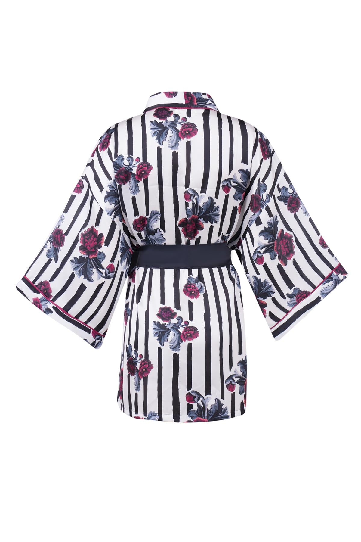 Peraluna-Stripe Garden Short Kimono Çizgili Güllü Baskılı 80 Cm Kısa Saten Kadın Kimono-Kimono-11-Milagron.com