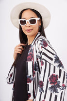 Peraluna-Stripe Garden Short Kimono Çizgili Güllü Baskılı 80 Cm Kısa Saten Kadın Kimono-Kimono-4-Milagron.com