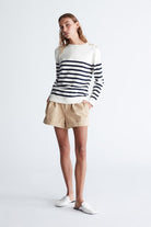 Peraluna-Styleboom X Bardot Pullover Omzu Düğmeli Çizgili Organik Pamuk Mevsimlik Kadın Triko Kazak -Kazak & Triko-4-Milagron.com