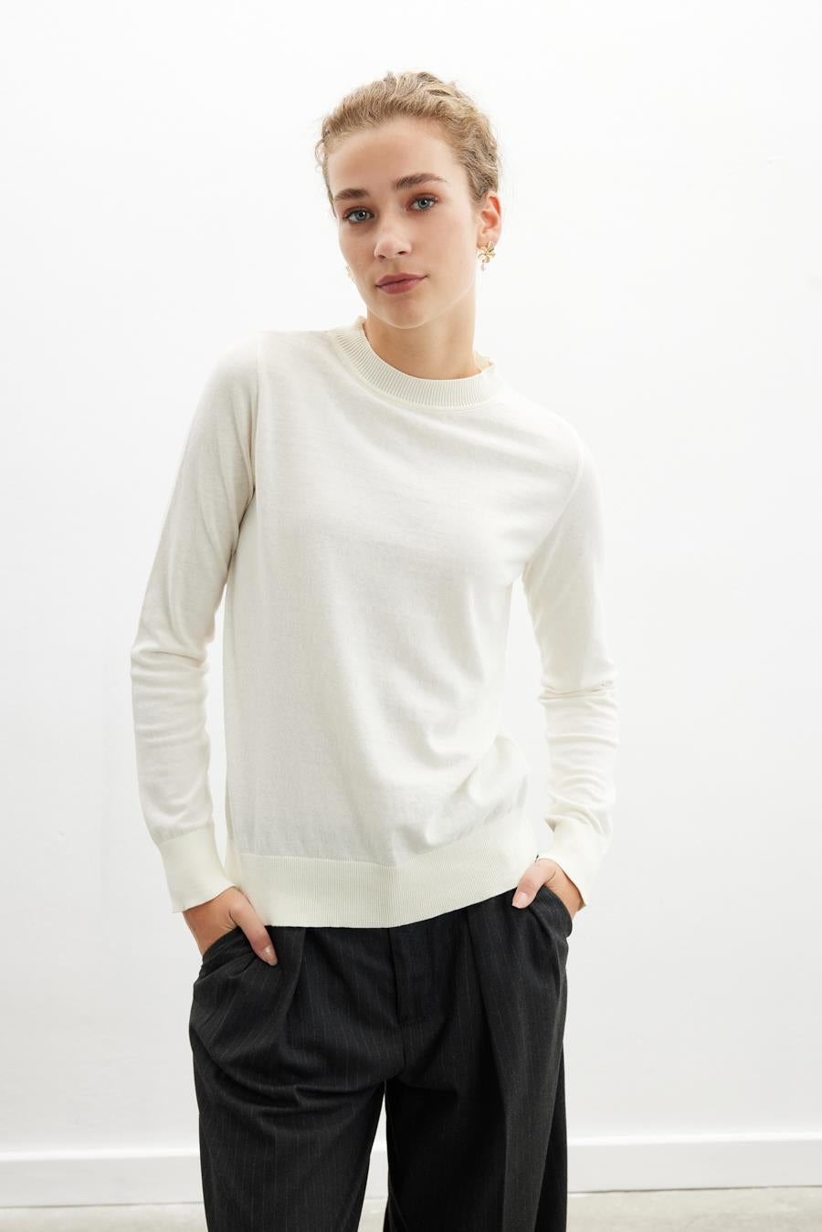 Styleboom X Peraluna Chelsea Pullover Bisiklet Yaka Standart Kesim Kadın Triko Kazak - Ekru