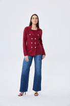 Peraluna-Styleboom X Katherine Blazer Çelik Örgü Klasik Kesim Düğmeli Blazer Kadın Triko Ceket Bordo-Ceket-6-Milagron.com