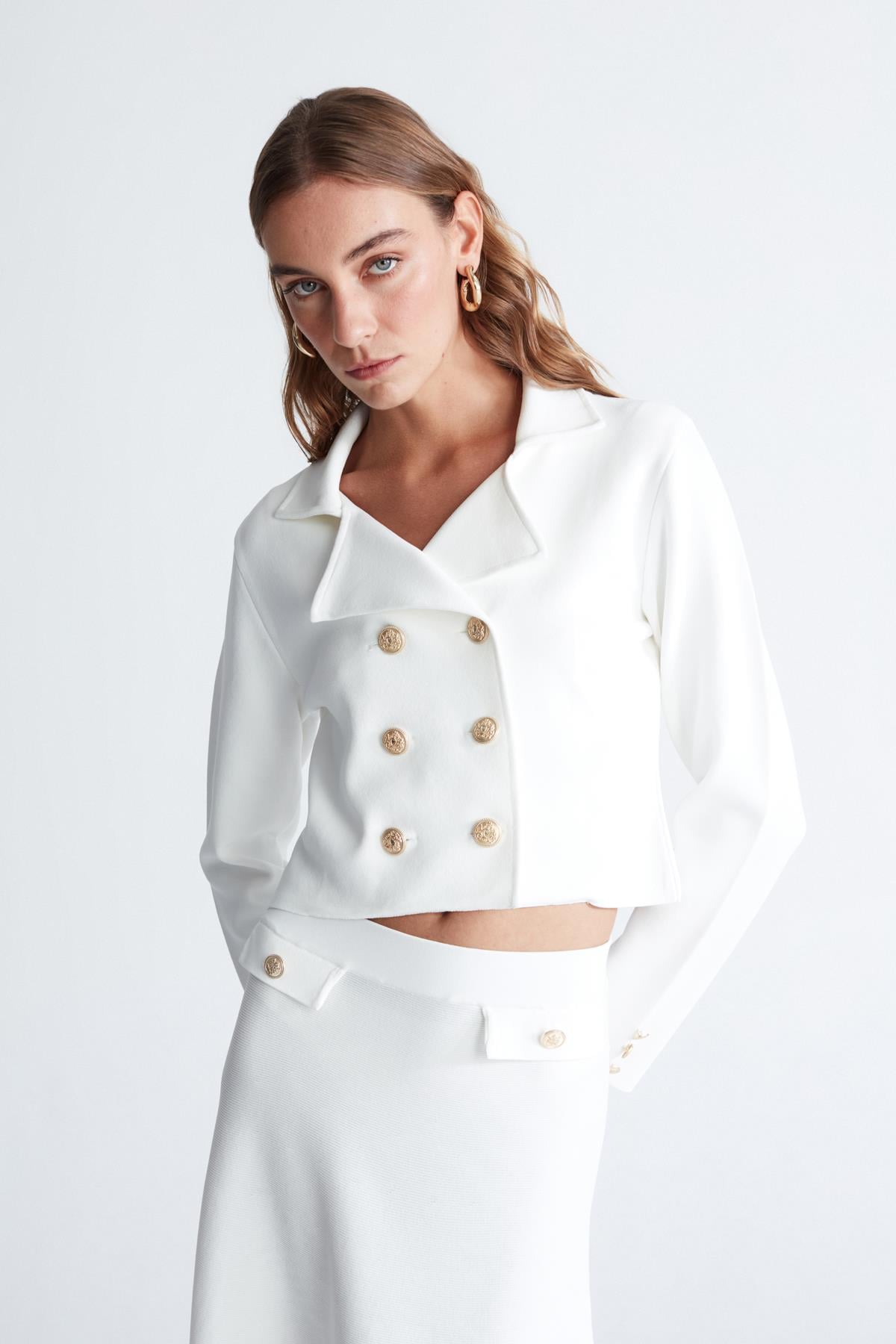 Styleboom X Peraluna Kathy Blazer Çelik Örgü Crop Kruvaze Blazer Kadın Triko Ceket - Ekru
