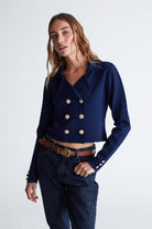 Styleboom X Peraluna Kathy Blazer Çelik Örgü Crop Kruvaze Blazer Kadın Triko Ceket - Lacivert