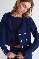 Styleboom X Peraluna Kathy Blazer Çelik Örgü Crop Kruvaze Blazer Kadın Triko Ceket - Lacivert