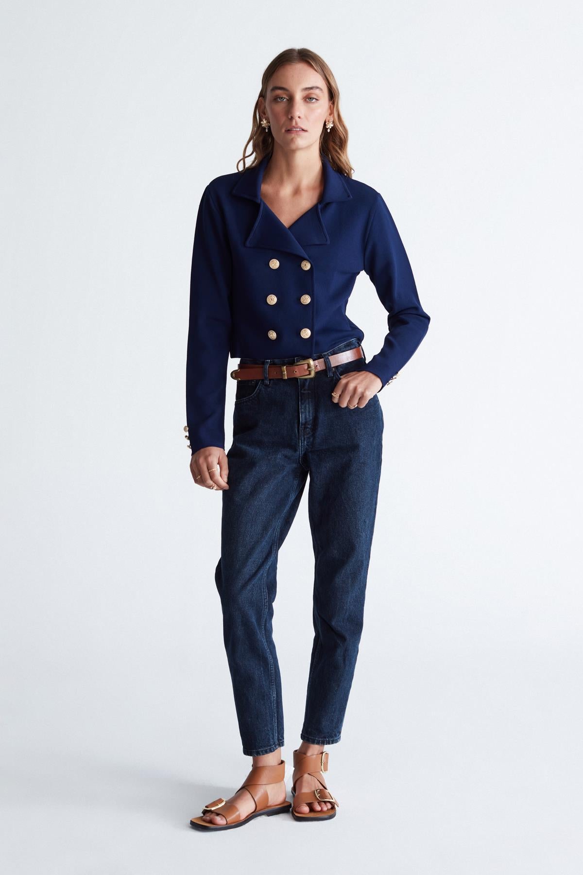 Styleboom X Peraluna Kathy Blazer Çelik Örgü Crop Kruvaze Blazer Kadın Triko Ceket - Lacivert