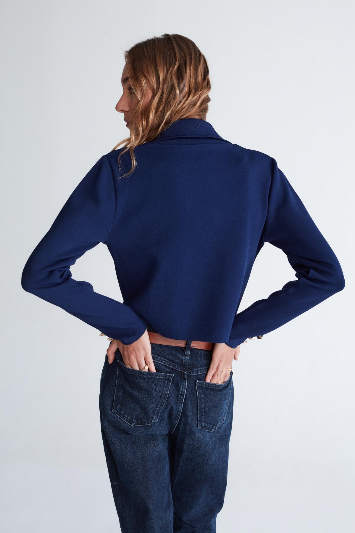 Styleboom X Peraluna Kathy Blazer Çelik Örgü Crop Kruvaze Blazer Kadın Triko Ceket - Lacivert