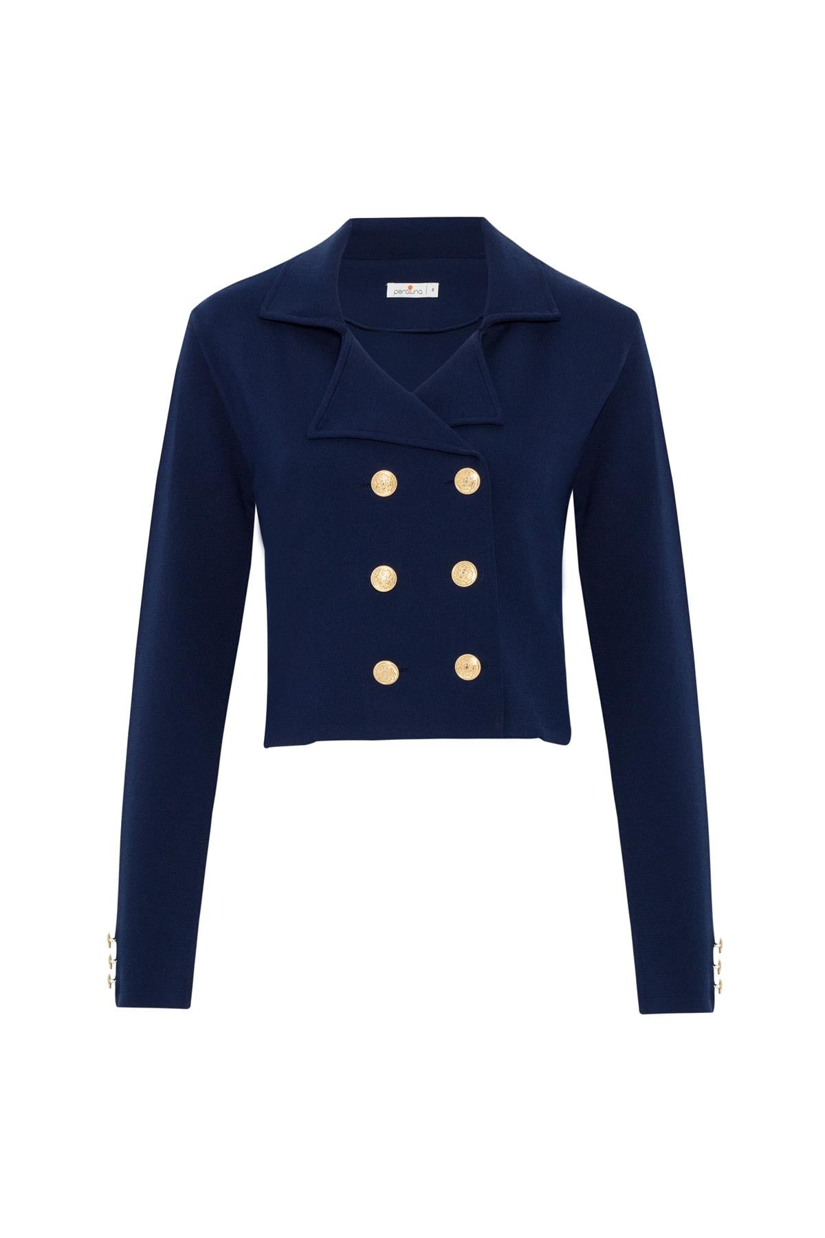 Styleboom X Peraluna Kathy Blazer Çelik Örgü Crop Kruvaze Blazer Kadın Triko Ceket - Lacivert