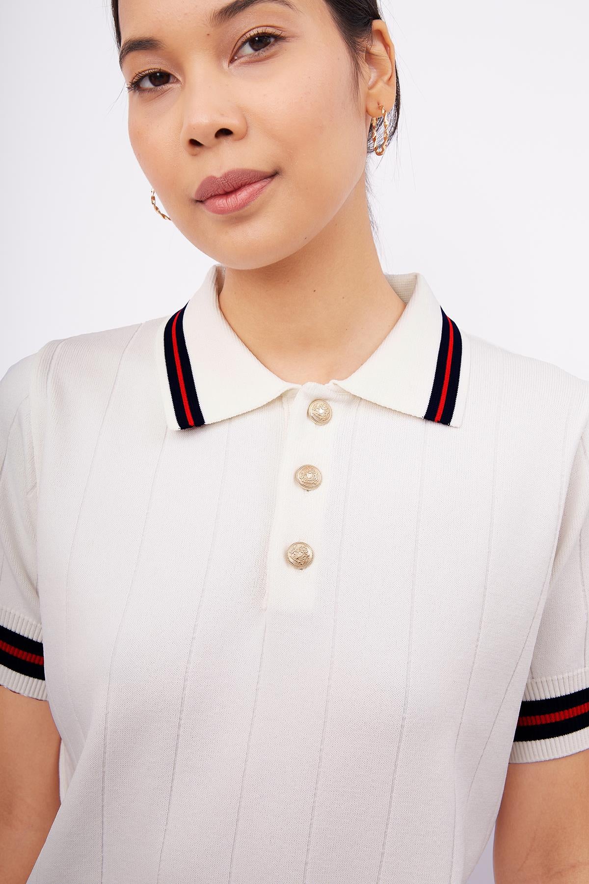 Styleboom X Peraluna Liza Blouse Polo Yaka Kadın Triko Bluz - Ekru