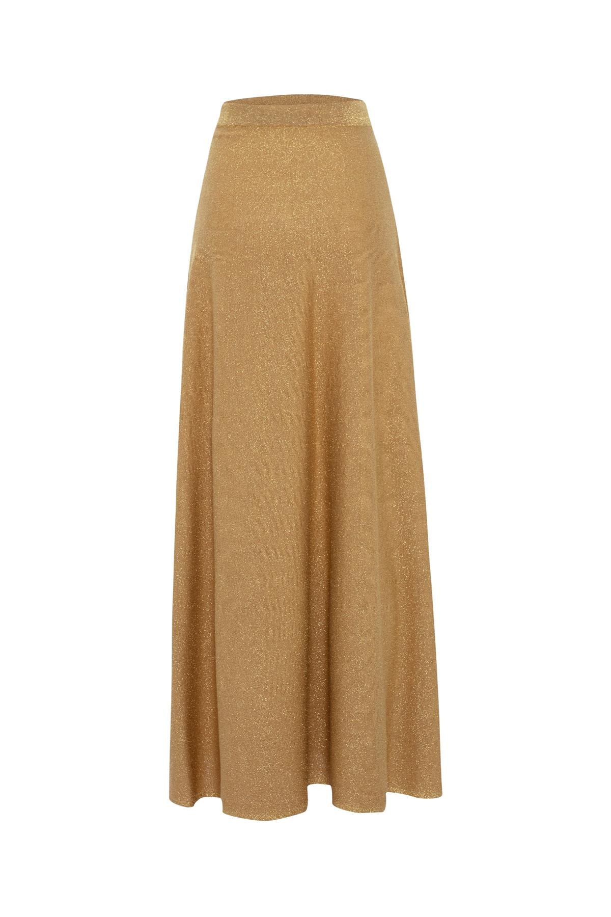 Styleboom X Peraluna Marilyn Skirt Simli Maxi Boy Beli Bağcıklı Kadın Triko Etek - Altın