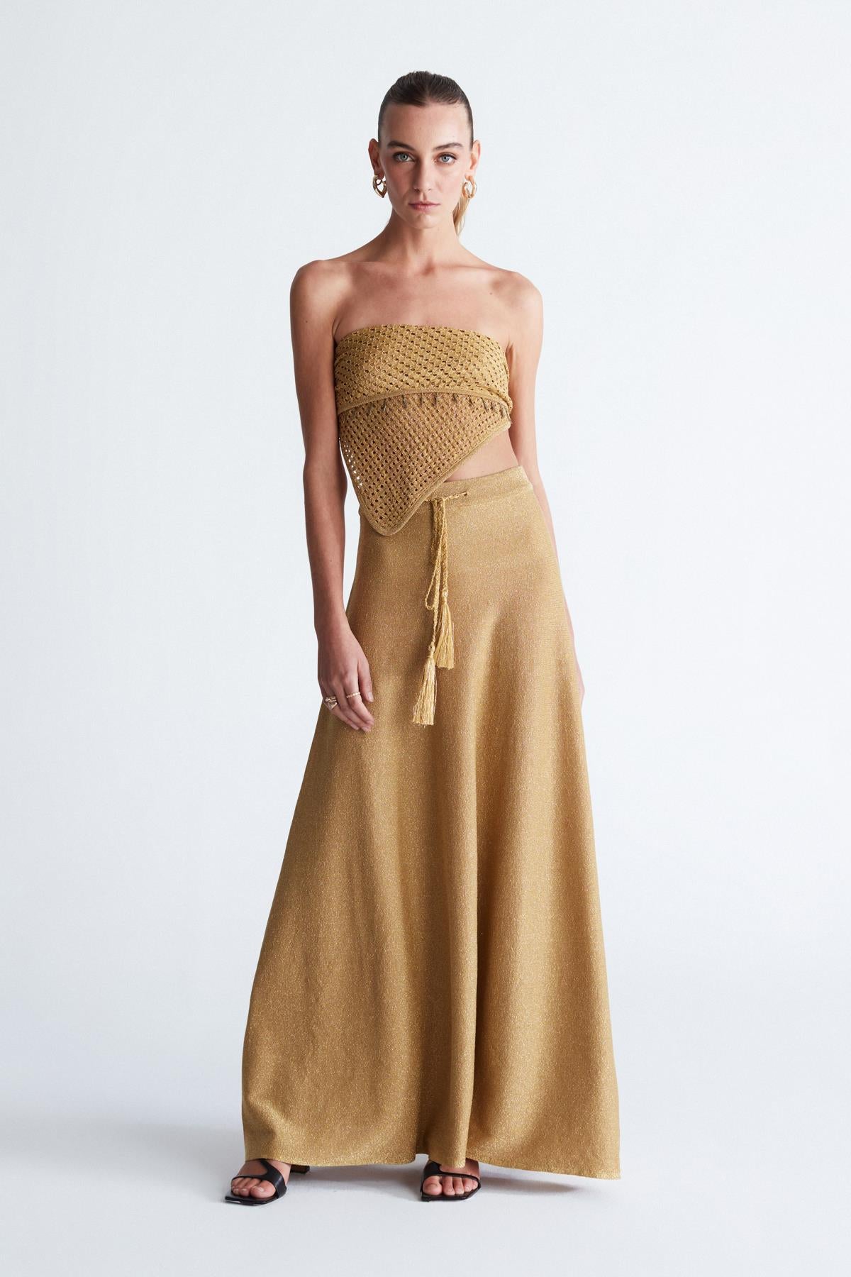 Styleboom X Peraluna Marilyn Skirt Simli Maxi Boy Beli Bağcıklı Kadın Triko Etek - Altın