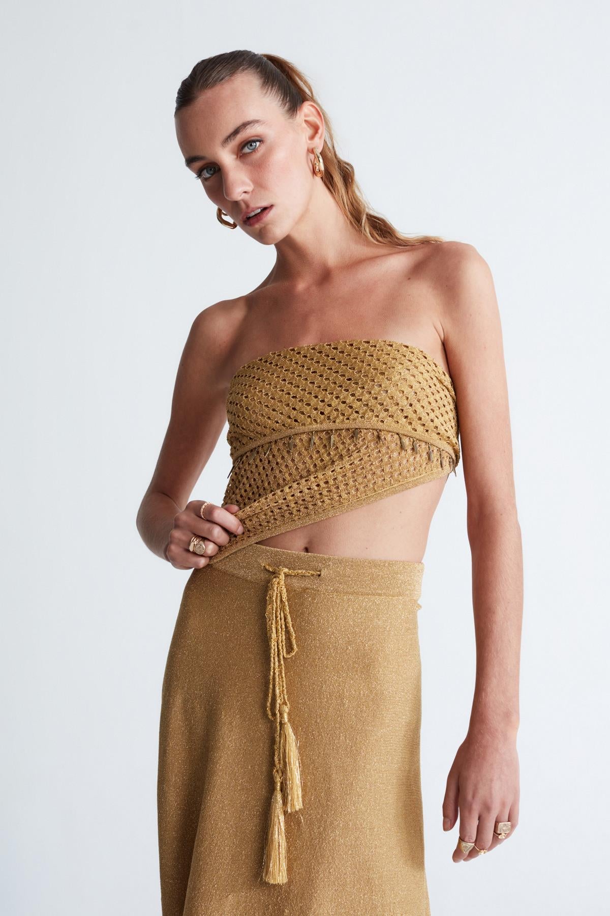 Styleboom X Peraluna Marilyn Skirt Simli Maxi Boy Beli Bağcıklı Kadın Triko Etek - Altın