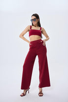 Peraluna-Styleboom X Marlene Trouser Düğme Detaylı Rahat Kesim Kadın Triko Pantolon Bordo-Pantolon-2-Milagron.com