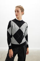 Styleboom X Peraluna Oxford Pullover Bisiklet Yaka Baklava Desen Kadın Triko Kazak - Siyah