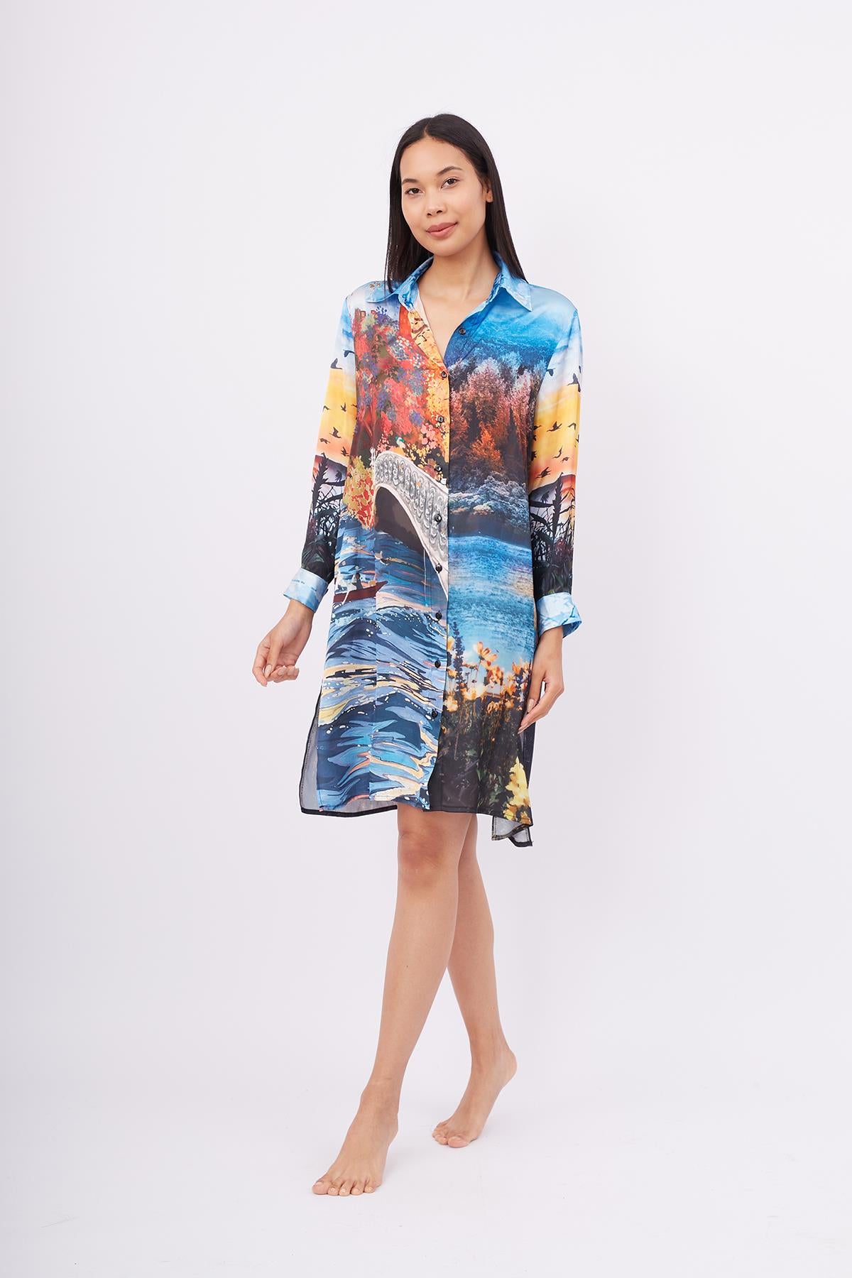 Peraluna-Sweet Memories Long Shirt Dress Manzara Baskılı 120 Cm Saten Uzun Gömlek Elbise-Elbise-1-Milagron.com