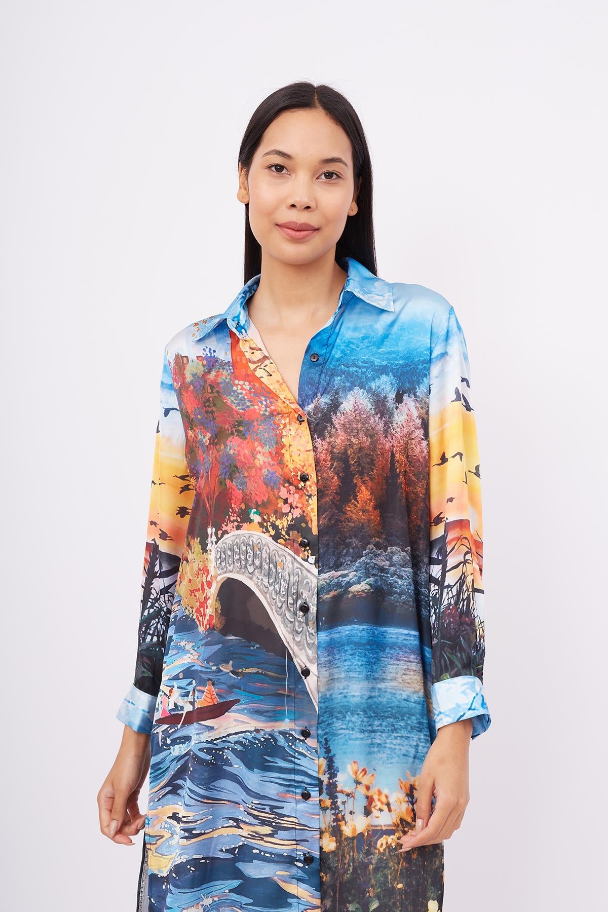 Peraluna-Sweet Memories Long Shirt Dress Manzara Baskılı 120 Cm Saten Uzun Gömlek Elbise-Elbise-5-Milagron.com