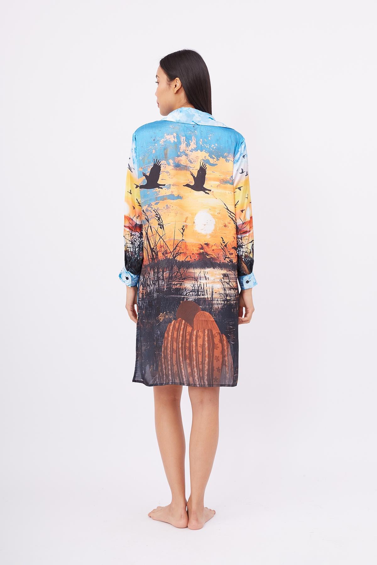 Peraluna-Sweet Memories Long Shirt Dress Manzara Baskılı 120 Cm Saten Uzun Gömlek Elbise-Elbise-7-Milagron.com