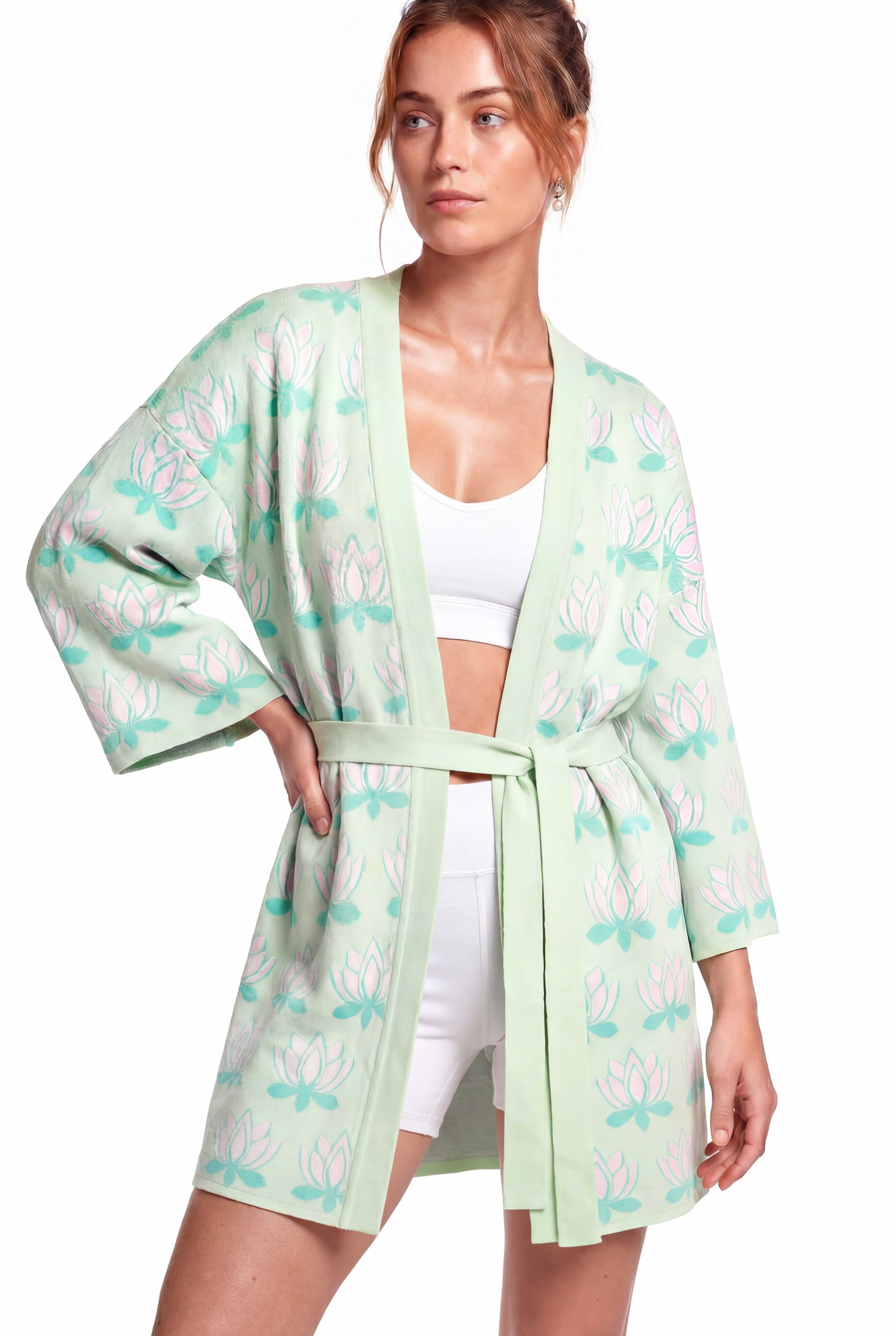 Peraluna Urban Lotus Kimono, İNce Yazlık Kadın Kimono - Mint Multi