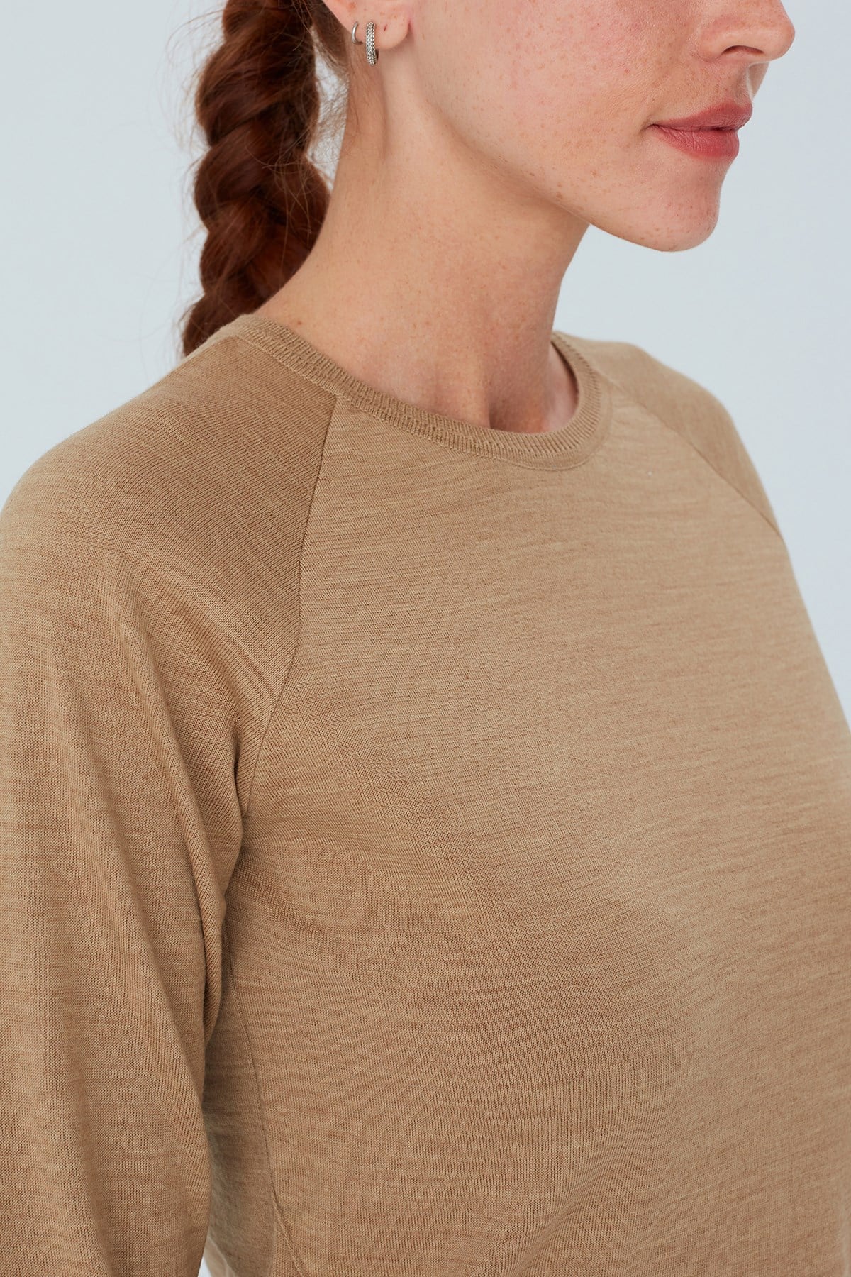 Peraluna Vanessa Pullover Merino Yünlü Yanları Yırtmaçlı Ince Kadın Triko Kazak - Camel Melanj