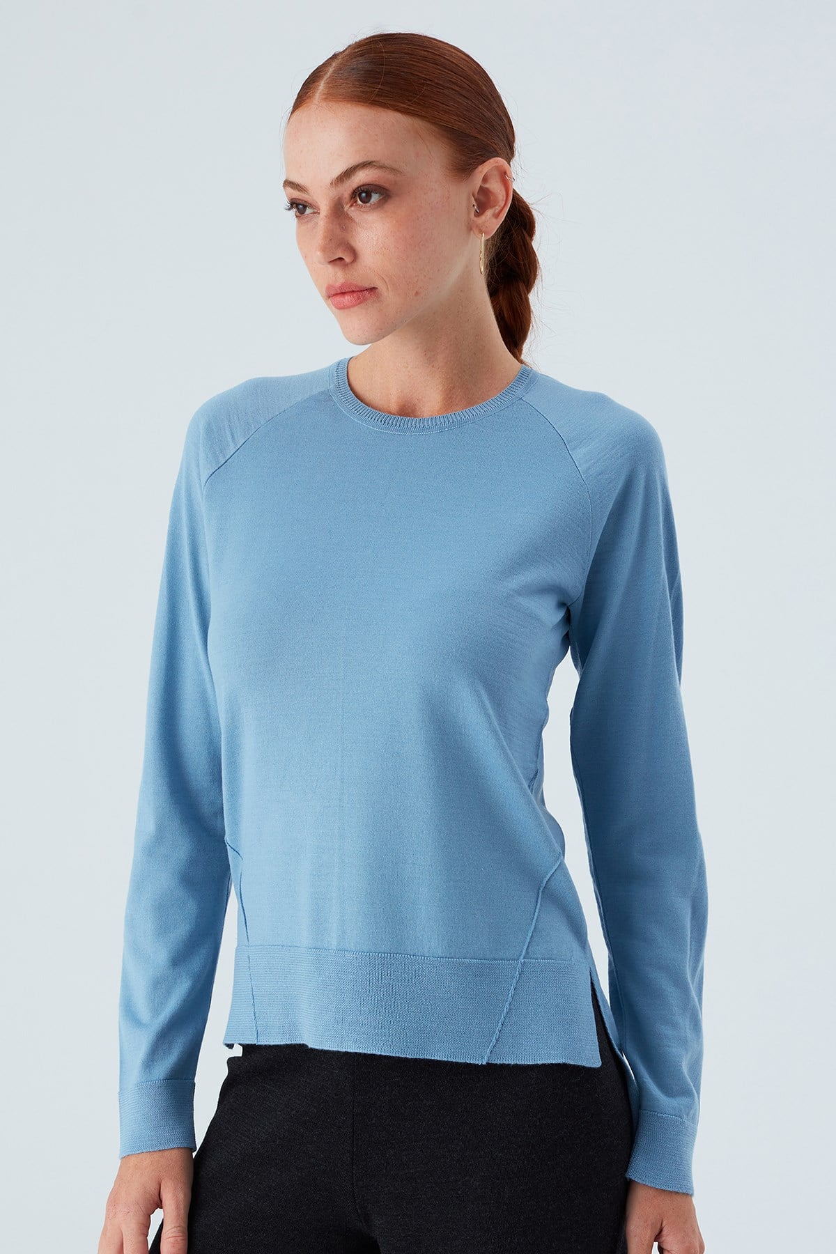 Peraluna Vanessa Pullover Merino Yünlü Yanları Yırtmaçlı Ince Kadın Triko Kazak - Mavi