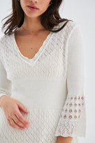 Peraluna-Yoho Dress Ajurlu V Yaka Diz Hizası Yazlık Kadın Triko Elbise Ekru-Elbise-5-Milagron.com