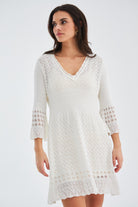 Peraluna-Yoho Dress Ajurlu V Yaka Diz Hizası Yazlık Kadın Triko Elbise Ekru-Elbise-6-Milagron.com