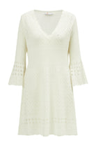 Peraluna-Yoho Dress Ajurlu V Yaka Diz Hizası Yazlık Kadın Triko Elbise Ekru-Elbise-9-Milagron.com