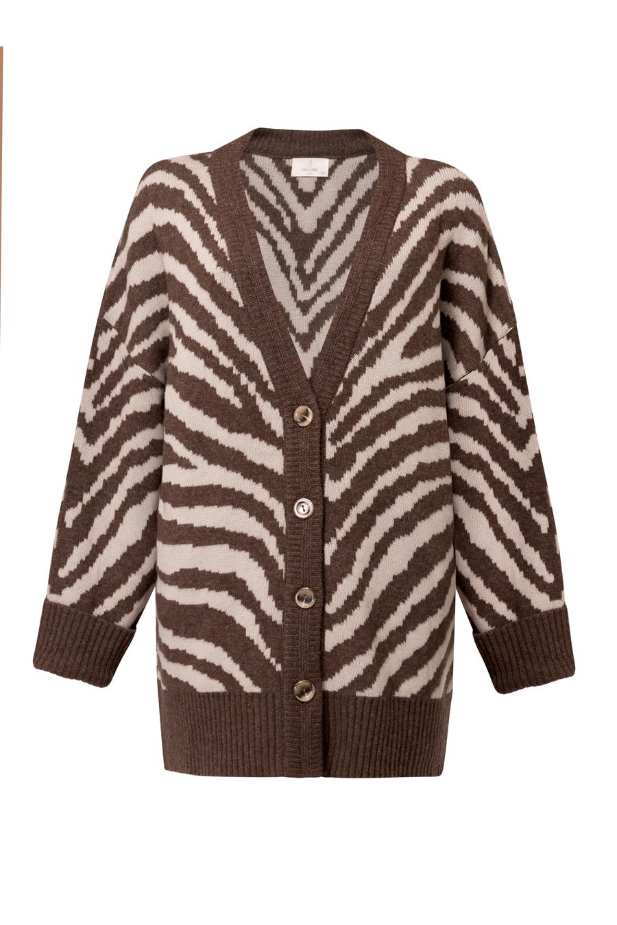 Peraluna Zebra Cardigan V Yaka Zebra Desen Organik Pamuk-Yün Karışım Geniş Kesim Kadın Triko Hırka - Kahve