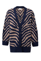 Peraluna Zebra Cardigan V Yaka Zebra Desen Organik Pamuk-Yün Karışım Geniş Kesim Kadın Triko Hırka - Lacivert