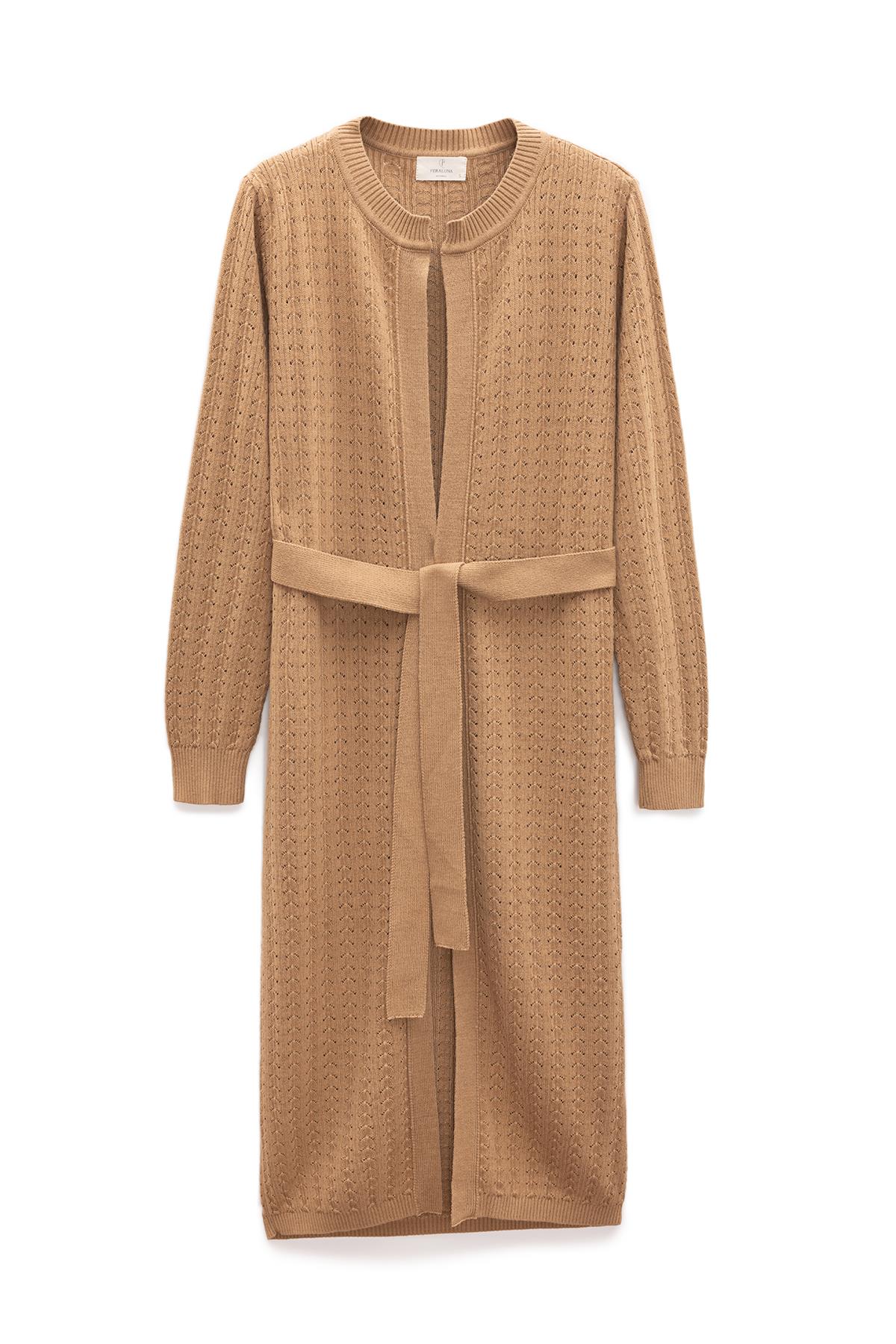 Peraluna-Zeyna Mini Kabartma örgülü Uzun Triko Hırka Camel-Hırka-8-Milagron.com