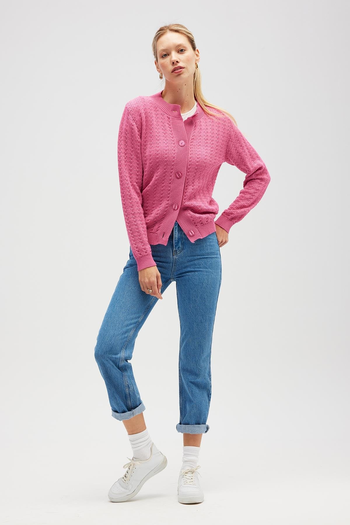Peraluna-Zoey Mini Kabartma örgülü Triko Hırka şeker Pembe-Hırka-1-Milagron.com