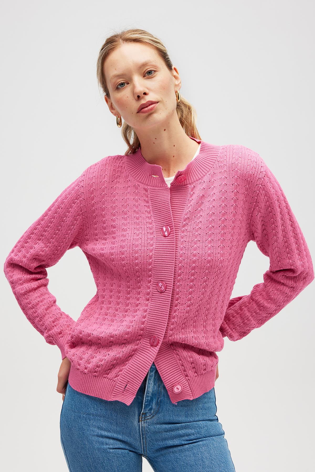 Peraluna-Zoey Mini Kabartma örgülü Triko Hırka şeker Pembe-Hırka-2-Milagron.com