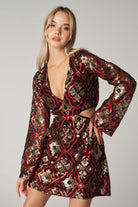 Petra Petrova-Kırmızı Payetli Uzun Kollu Mini Elbise Lera-Elbise-2-Milagron.com