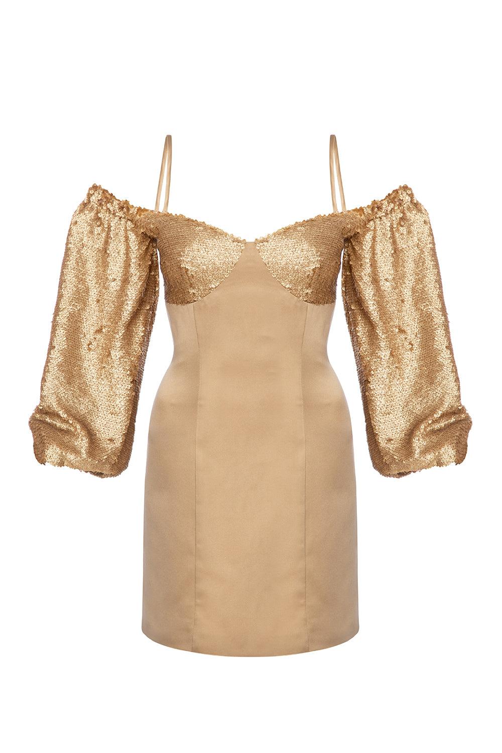 Petra Petrova-Gold Payetli Düşük Omuzlu Elbise Ti̇na-Elbise-2-Milagron.com