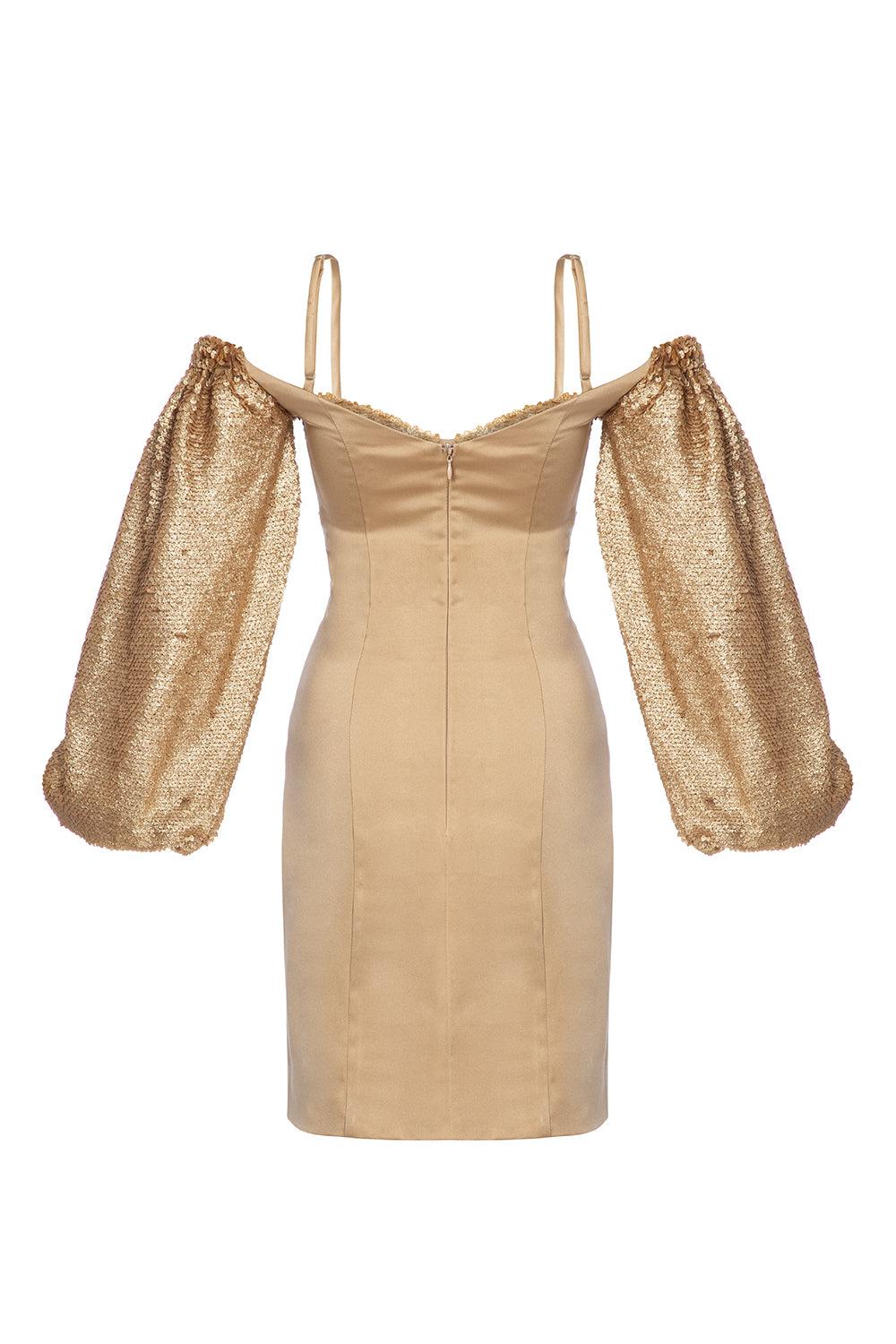 Petra Petrova-Gold Payetli Düşük Omuzlu Elbise Ti̇na-Elbise-7-Milagron.com