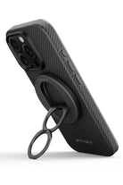 Military-Grade Yüzük Standlı Iphone 16 Pro Magsafe Uyumlu Aramid Fiber Kılıf Siyah