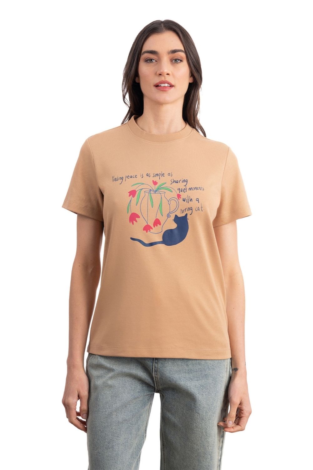 Cat Regular Açık Kahve T-shirt - 0